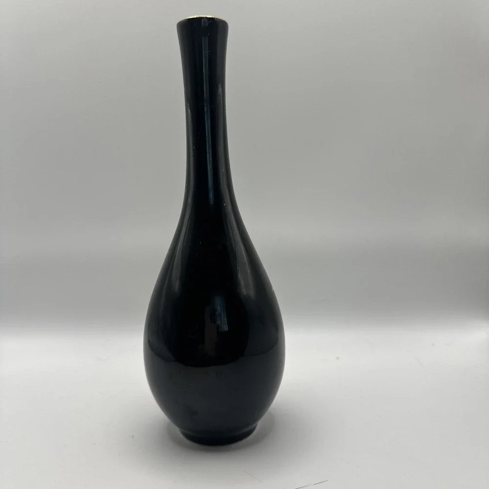 Otagiri Bird of Paradise Bud Vase Black Floral Design Gold Trim Japanese Vtg 8